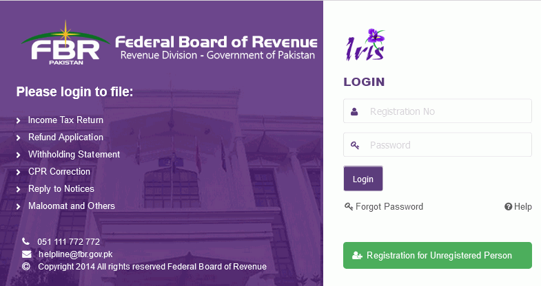 Income tax filing FBR: login